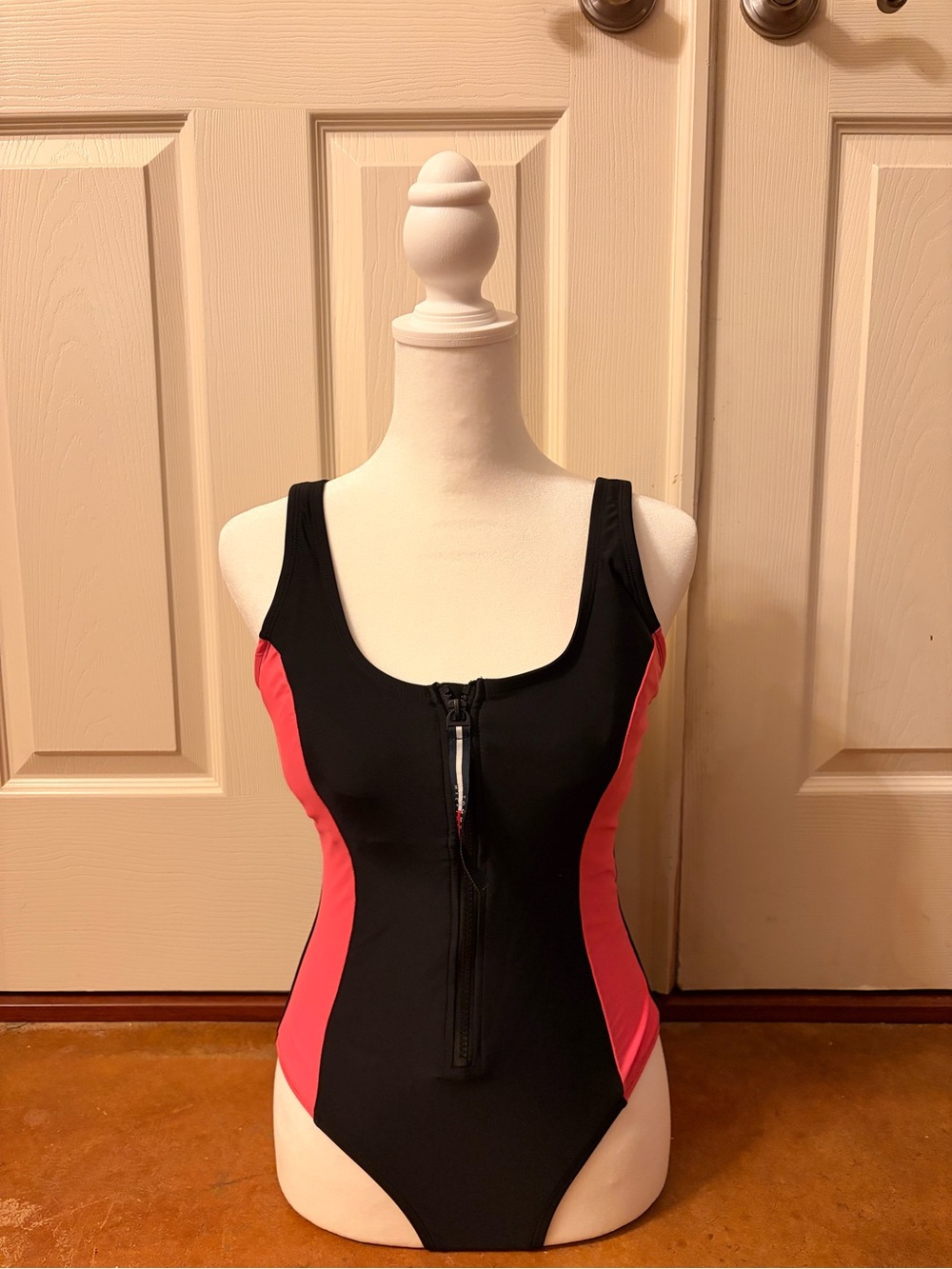 Tommy Hilfiger Pink and Black One-Piece Swimsuit with Zip Front